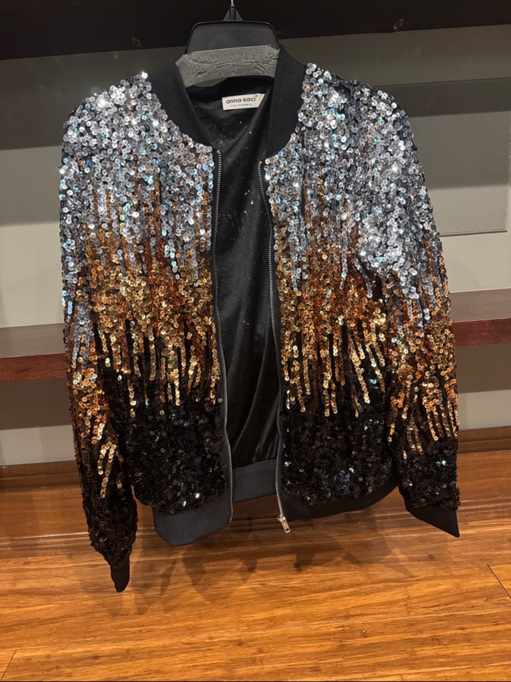 Anna-Kaci Sequined Ombre Bomber Jacket in Silver, Gold & Black